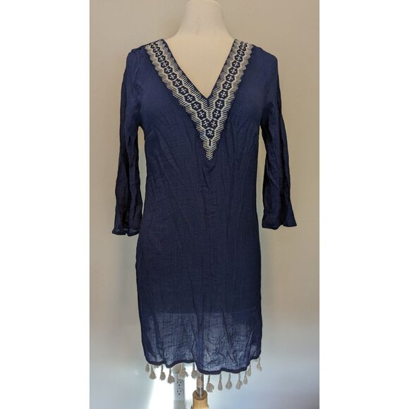 Kona Sol Navy Blue Cover-Up Dress With Embroidered V-Neckline & Tassel Hem  M - Picture 1 of 4